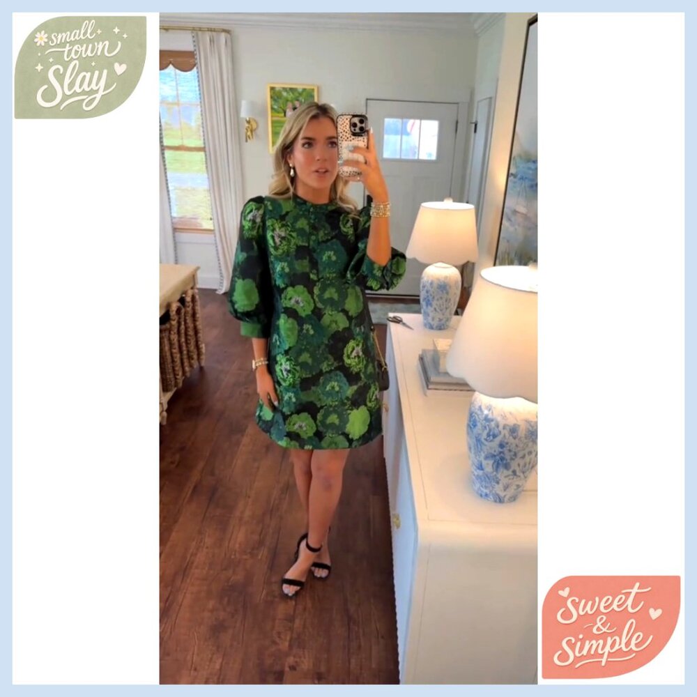 Floral Jacquard Shift Dress Long Puff Sleeve Button Up Cocktail Mini - Picture 6 of 7